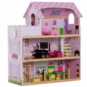 HOMCOM Kinder Puppenhaus mit Möbeln rosa