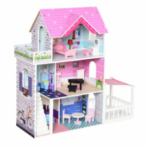 HOMCOM Puppenhaus mit 3 Etagen rosa