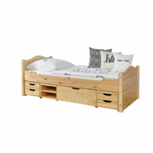 TiCAA Einzelbett Leni 90 x 200 cm Kiefer natur mit 4 Funktionsschubladen