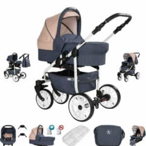 Friedrich Hugo Berlin / 3 in 1 Kombi Kinderwagen Komplettset / GEL Reifen Dark Blue and Beige Day