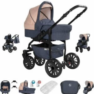 Friedrich Hugo Berlin / 3 in 1 Kombi Kinderwagen Komplettset / GEL Reifen Dark Blue and Beige Night