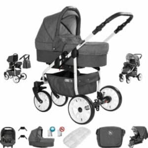 Friedrich Hugo Berlin / 3 in 1 Kombi Kinderwagen Komplettset / GEL Reifen Dark Grey and Grey Day