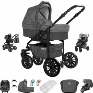 Friedrich Hugo Berlin / 3 in 1 Kombi Kinderwagen Komplettset / GEL Reifen Dark Grey and Grey Night