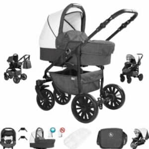 Friedrich Hugo Berlin / 3 in 1 Kombi Kinderwagen Komplettset / GEL Reifen Dark Grey and White Night