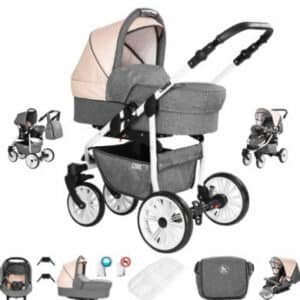 Friedrich Hugo Berlin / 3 in 1 Kombi Kinderwagen Komplettset / GEL Reifen Grey and Beige Day