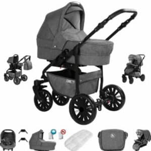 Friedrich Hugo Berlin / 3 in 1 Kombi Kinderwagen Komplettset / GEL Reifen Grey and Grey Night