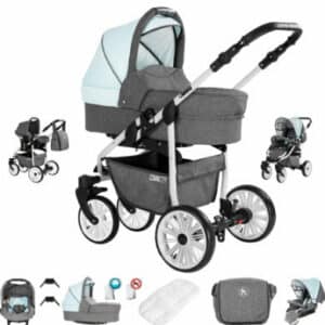 Friedrich Hugo Berlin / 3 in 1 Kombi Kinderwagen Komplettset / GEL Reifen Grey and Light Blue Day