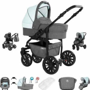 Friedrich Hugo Berlin / 3 in 1 Kombi Kinderwagen Komplettset / GEL Reifen Grey and Light Blue Night