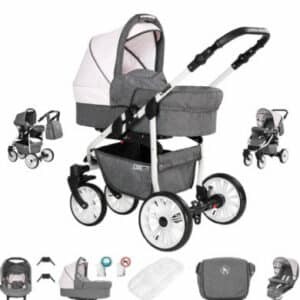 Friedrich Hugo Berlin / 3 in 1 Kombi Kinderwagen Komplettset / GEL Reifen Grey and Light Rose Day