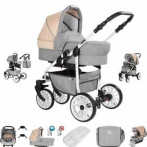 Friedrich Hugo Berlin / 3 in 1 Kombi Kinderwagen Komplettset / GEL Reifen Light Grey and Beige Day