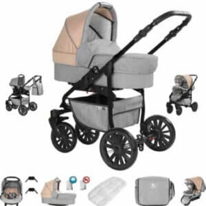 Friedrich Hugo Berlin / 3 in 1 Kombi Kinderwagen Komplettset / GEL Reifen Light Grey and Beige Night