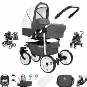 Friedrich Hugo Berlin / 3 in 1 Kombi Kinderwagen Komplettset / Luftreifen Dark Grey and White Day