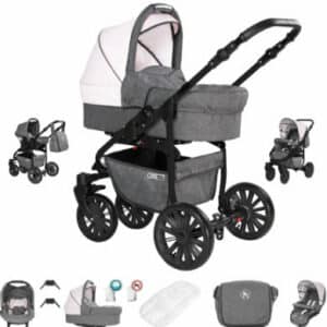 Friedrich Hugo Berlin / 3 in 1 Kombi Kinderwagen Komplettset / Luftreifen Grey and Light Rose Night