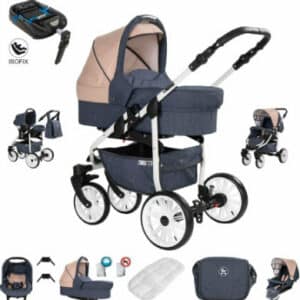 Friedrich Hugo Berlin / 4 in 1 Kombi Kinderwagen + ISOFIX / GEL Reifen Dark Blue and Beige Day