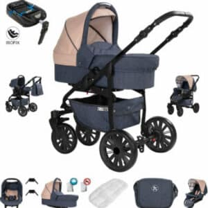 Friedrich Hugo Berlin / 4 in 1 Kombi Kinderwagen + ISOFIX / GEL Reifen Dark Blue and Beige Night