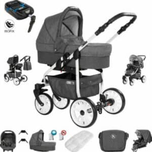 Friedrich Hugo Berlin / 4 in 1 Kombi Kinderwagen + ISOFIX / GEL Reifen Dark Grey and Grey Day