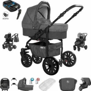 Friedrich Hugo Berlin / 4 in 1 Kombi Kinderwagen + ISOFIX / GEL Reifen Dark Grey and Grey Night