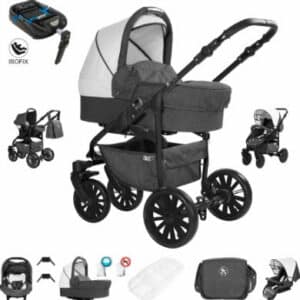 Friedrich Hugo Berlin / 4 in 1 Kombi Kinderwagen + ISOFIX / GEL Reifen Dark Grey and White Night