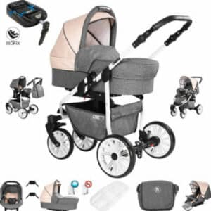 Friedrich Hugo Berlin / 4 in 1 Kombi Kinderwagen + ISOFIX / GEL Reifen Grey and Beige Day