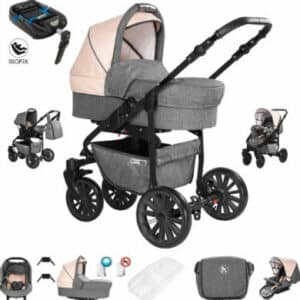 Friedrich Hugo Berlin / 4 in 1 Kombi Kinderwagen + ISOFIX / GEL Reifen Grey and Beige Night