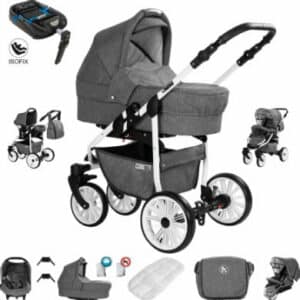 Friedrich Hugo Berlin / 4 in 1 Kombi Kinderwagen + ISOFIX / GEL Reifen Grey and Grey Day