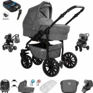 Friedrich Hugo Berlin / 4 in 1 Kombi Kinderwagen + ISOFIX / GEL Reifen Grey and Grey Night