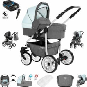 Friedrich Hugo Berlin / 4 in 1 Kombi Kinderwagen + ISOFIX / GEL Reifen Grey and Light Blue Day