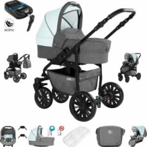 Friedrich Hugo Berlin / 4 in 1 Kombi Kinderwagen + ISOFIX / GEL Reifen Grey and Light Blue Night