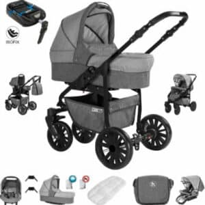 Friedrich Hugo Berlin / 4 in 1 Kombi Kinderwagen + ISOFIX / GEL Reifen Grey and Light Grey Night