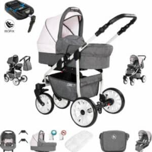 Friedrich Hugo Berlin / 4 in 1 Kombi Kinderwagen + ISOFIX / GEL Reifen Grey and Light Rose Day