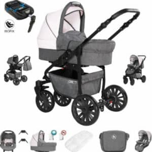 Friedrich Hugo Berlin / 4 in 1 Kombi Kinderwagen + ISOFIX / GEL Reifen Grey and Light Rose Night