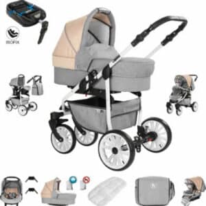 Friedrich Hugo Berlin / 4 in 1 Kombi Kinderwagen + ISOFIX / GEL Reifen Light Grey and Beige Day