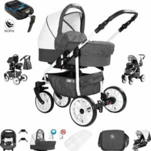 Friedrich Hugo Berlin / 4 in 1 Kombi Kinderwagen + ISOFIX / Luftreifen Dark Grey and White Day