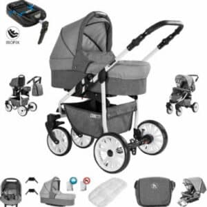 Friedrich Hugo Berlin / 4 in 1 Kombi Kinderwagen + ISOFIX / Luftreifen Grey and Light Grey Day