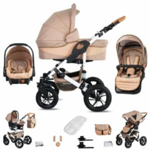 Friedrich Hugo Hamburg / 3 in 1 Kombi Kinderwagen Komplettset / Hartgummireifen Beige & Oatmeal