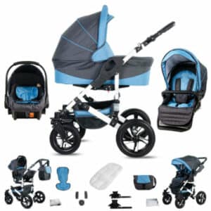 Friedrich Hugo Hamburg / 3 in 1 Kombi Kinderwagen Komplettset / Hartgummireifen Grey & Babyblue