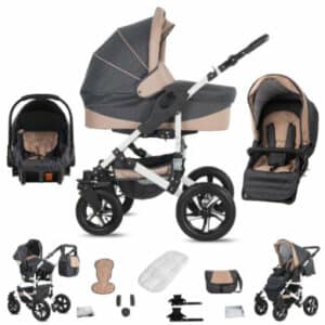 Friedrich Hugo Hamburg / 3 in 1 Kombi Kinderwagen Komplettset / Hartgummireifen Grey & Beige