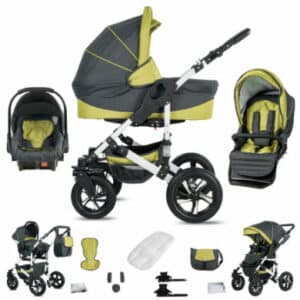 Friedrich Hugo Hamburg / 3 in 1 Kombi Kinderwagen Komplettset / Hartgummireifen Grey & Green