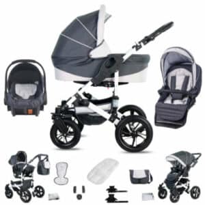 Friedrich Hugo Hamburg / 3 in 1 Kombi Kinderwagen Komplettset / Hartgummireifen Grey & White