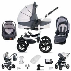 Friedrich Hugo Hamburg / 3 in 1 Kombi Kinderwagen Komplettset / Hartgummireifen White & Grey