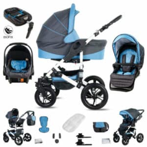 Friedrich Hugo Hamburg / 4 in 1 Kombi Kinderwagen + ISOFIX / Luftreifen Grey & Babyblue