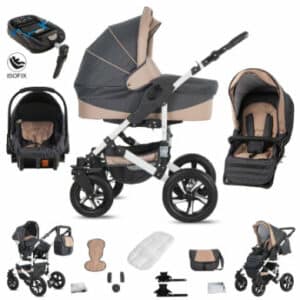 Friedrich Hugo Hamburg / 4 in 1 Kombi Kinderwagen + ISOFIX / Luftreifen Grey & Beige