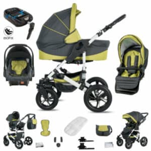 Friedrich Hugo Hamburg / 4 in 1 Kombi Kinderwagen + ISOFIX / Luftreifen Grey & Green