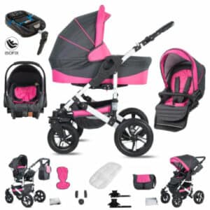 Friedrich Hugo Hamburg / 4 in 1 Kombi Kinderwagen + ISOFIX / Luftreifen Grey & Pink