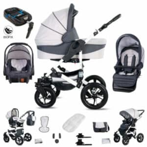 Friedrich Hugo Hamburg / 4 in 1 Kombi Kinderwagen + ISOFIX / Luftreifen White & Grey