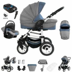 Bebebi Florenz / ISOFIX Basis & Autositz / 4 in 1 Kombi Kinderwagen / Hartgummireifen Da Vinci Blue White