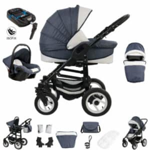 Bebebi Florenz / ISOFIX Basis & Autositz / 4 in 1 Kombi Kinderwagen / Hartgummireifen Neptun Blue Black