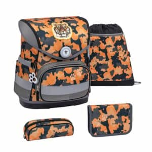 Belmil Schulranzen Compact Schulranzen Set 4-teilig mit Brustgurt Orange Camouflage