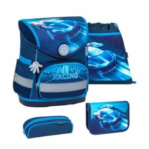 Belmil Schulranzen Compact Schulranzen Set 4-teilig mit Brustgurt Racing Blue Neon