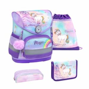 Belmil Schulranzen Compact Schulranzen Set 4-teilig mit Brustgurt Rainbow Unicorn Magic